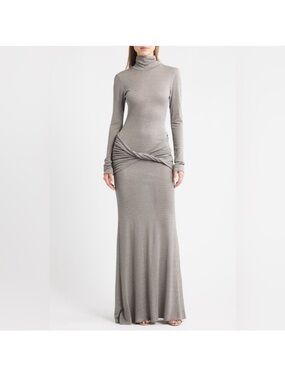 Turtleneck Long-Sleeve Maxi Dress with Twist Front - Gray